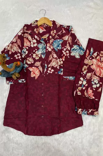 Maroon floral printed cotton classic co ord set