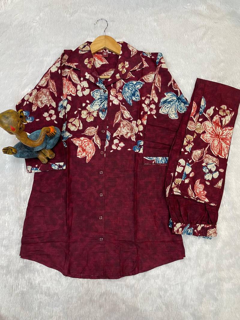Maroon floral printed cotton classic co ord set