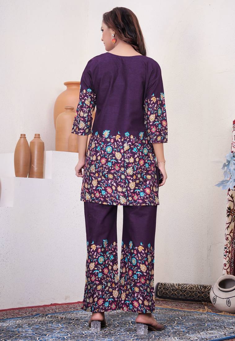 Wine floral printed cotton classic co ord set