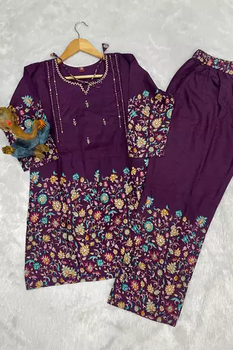 Wine floral printed cotton classic co ord set