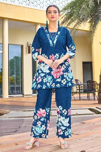 Teal floral printed cotton classic co ord set