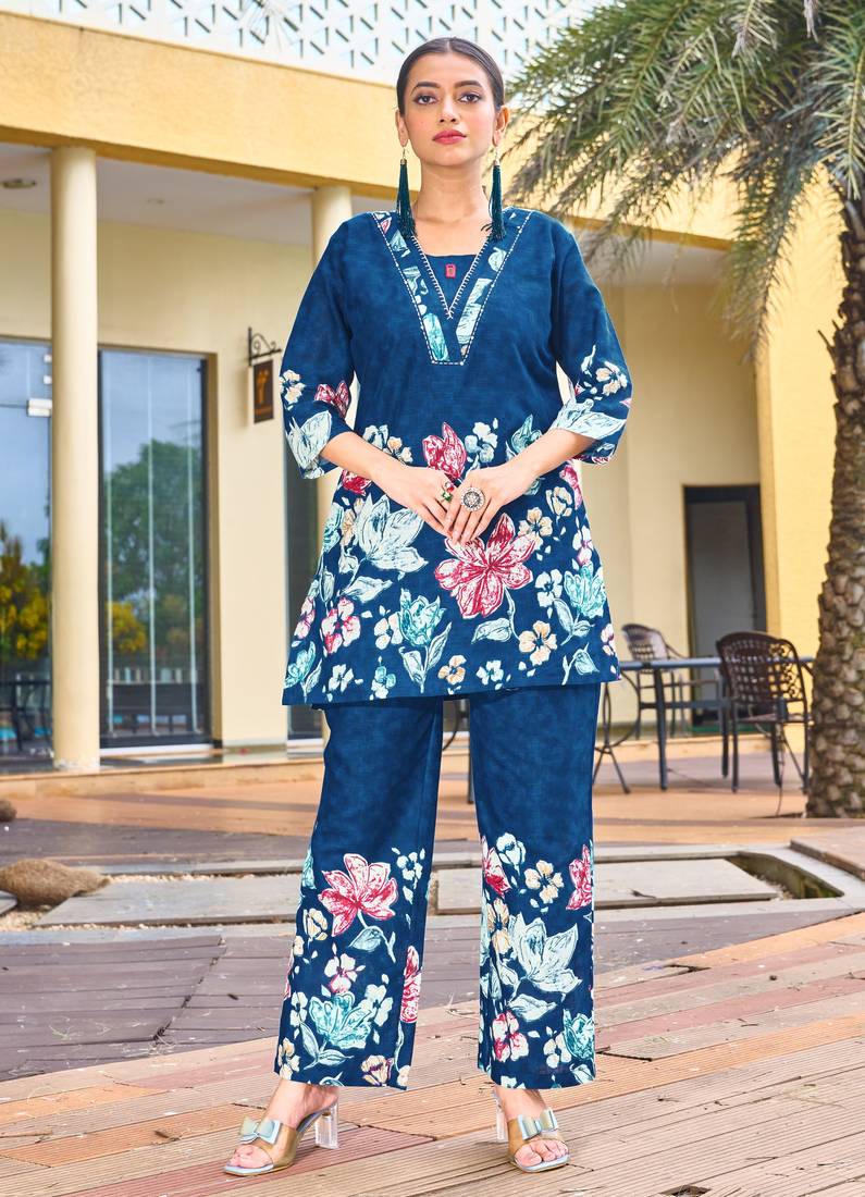Teal floral printed cotton classic co ord set