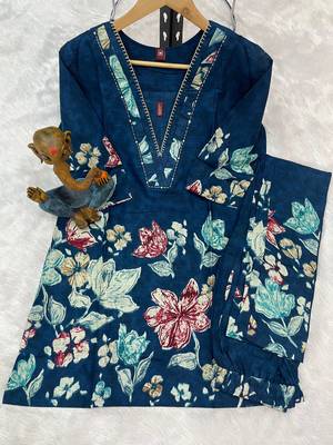 Teal floral printed cotton classic co ord set 4