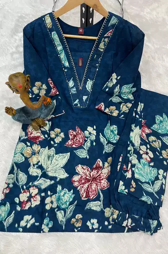 Teal floral printed cotton classic co ord set