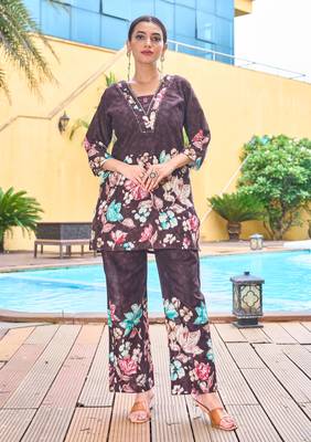 Wine floral printed cotton classic co ord set 1