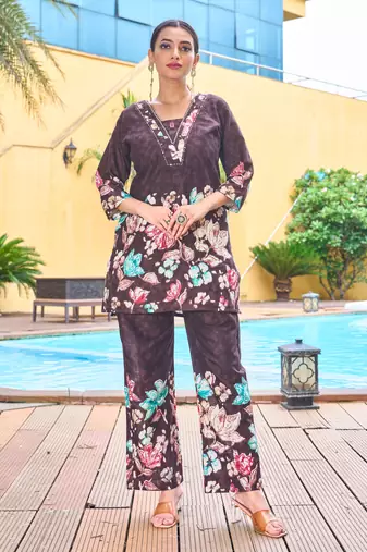 Wine floral printed cotton classic co ord set