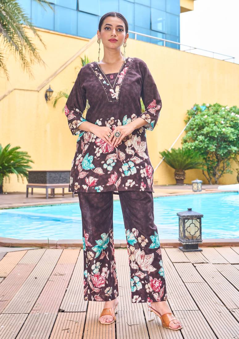 Wine floral printed cotton classic co ord set