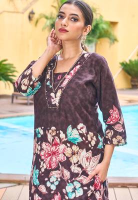 Wine floral printed cotton classic co ord set 2