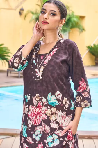 Wine floral printed cotton classic co ord set