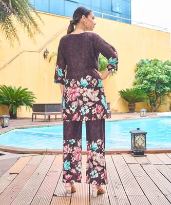 Wine floral printed cotton classic co ord set 3