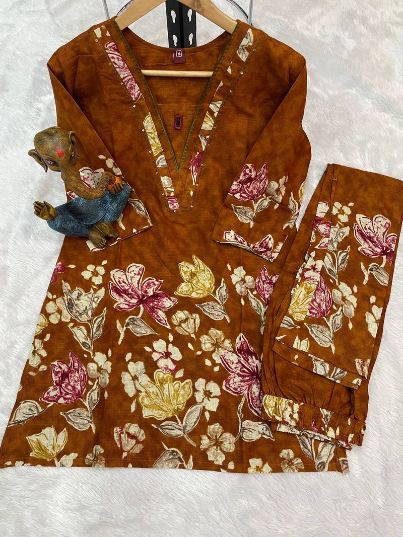 Mustard floral printed cotton classic co ord set