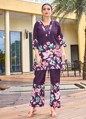 Purple floral printed cotton classic co ord set 1