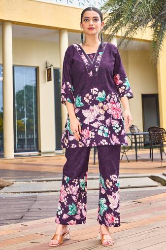 Purple floral printed cotton classic co ord set