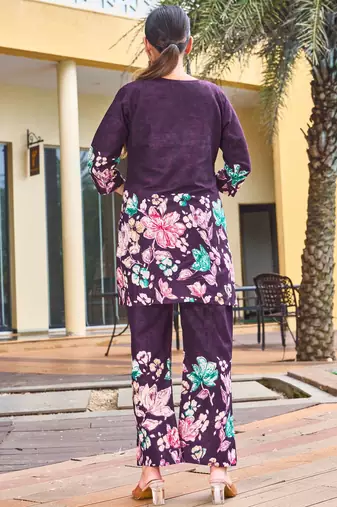 Purple floral printed cotton classic co ord set