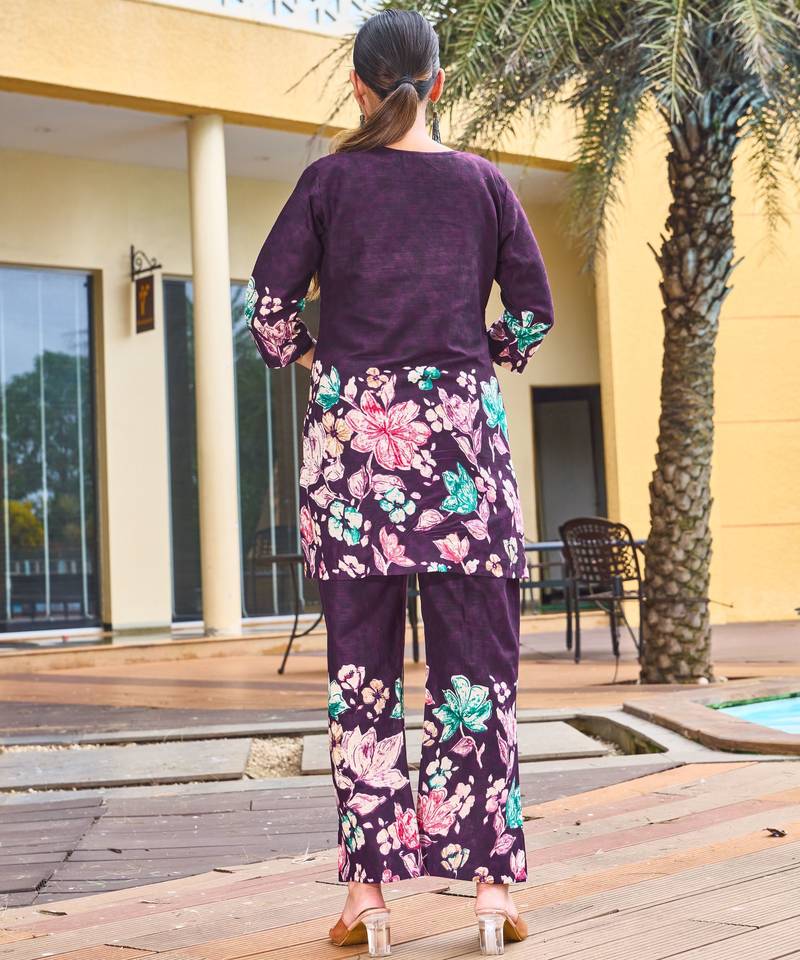 Purple floral printed cotton classic co ord set
