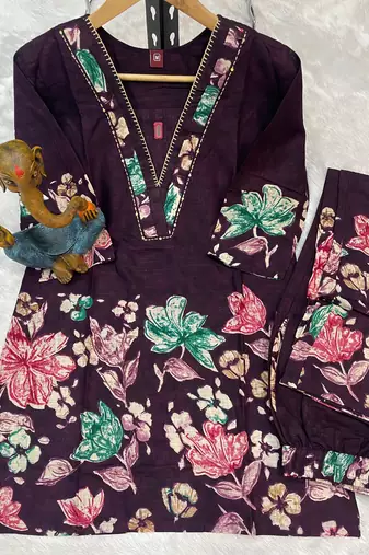 Purple floral printed cotton classic co ord set