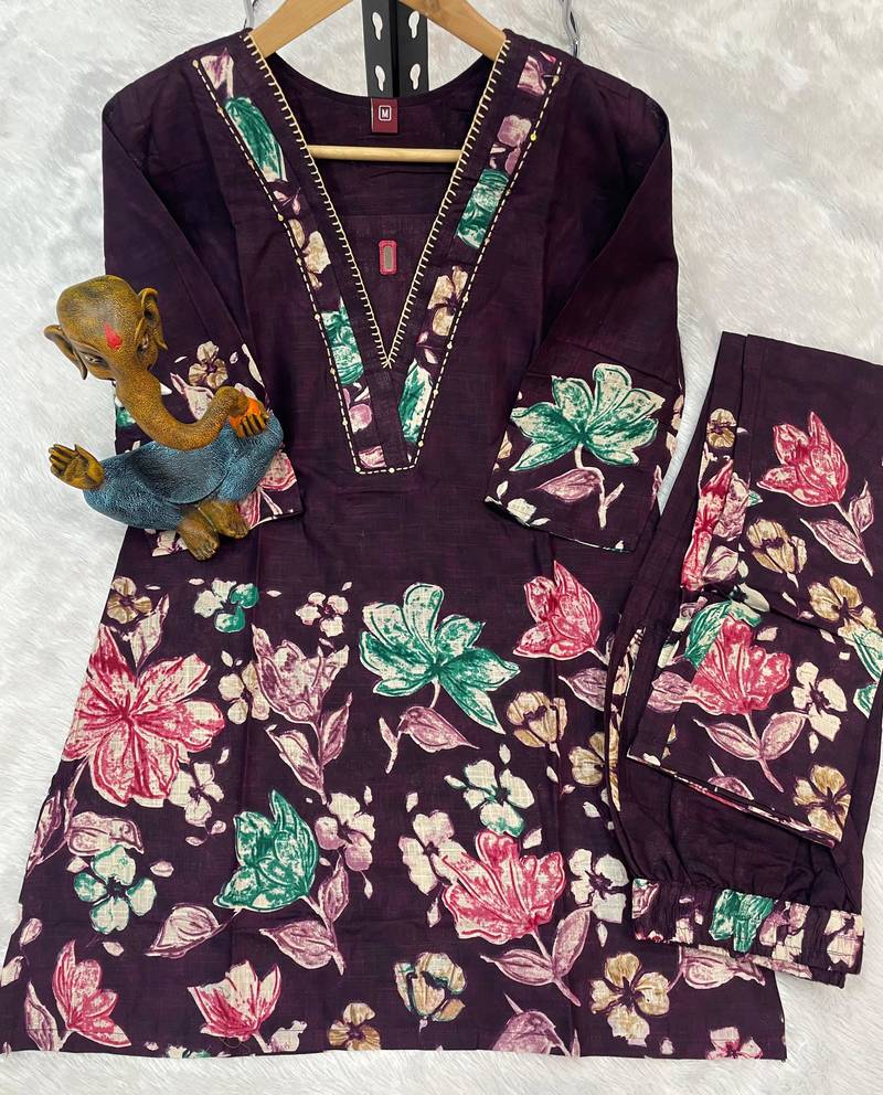 Purple floral printed cotton classic co ord set