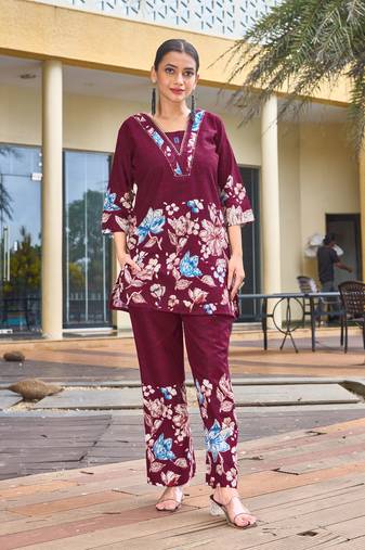 Maroon floral printed cotton classic co ord set