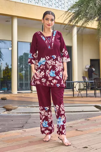 Maroon floral printed cotton classic co ord set