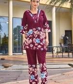 Maroon floral printed cotton classic co ord set