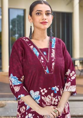 Maroon floral printed cotton classic co ord set 2