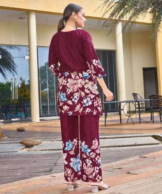 Maroon floral printed cotton classic co ord set 3