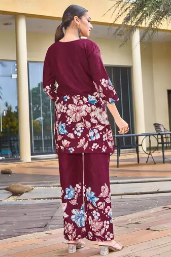 Maroon floral printed cotton classic co ord set