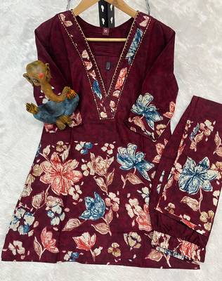 Maroon floral printed cotton classic co ord set 4