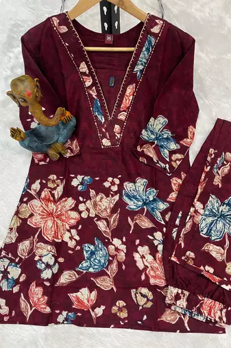 Maroon floral printed cotton classic co ord set