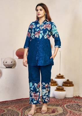 Teal floral printed cotton classic co ord set 1