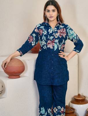 Teal floral printed cotton classic co ord set 2