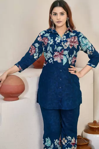 Teal floral printed cotton classic co ord set