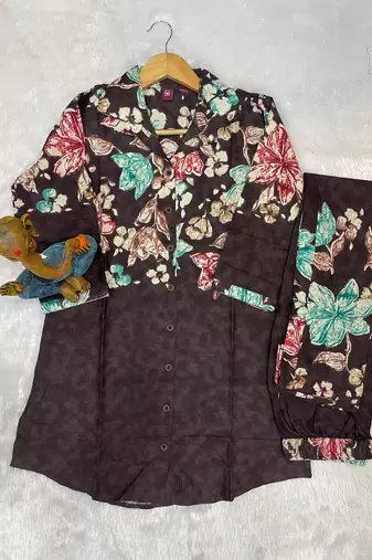 Coffee floral printed cotton classic co ord set