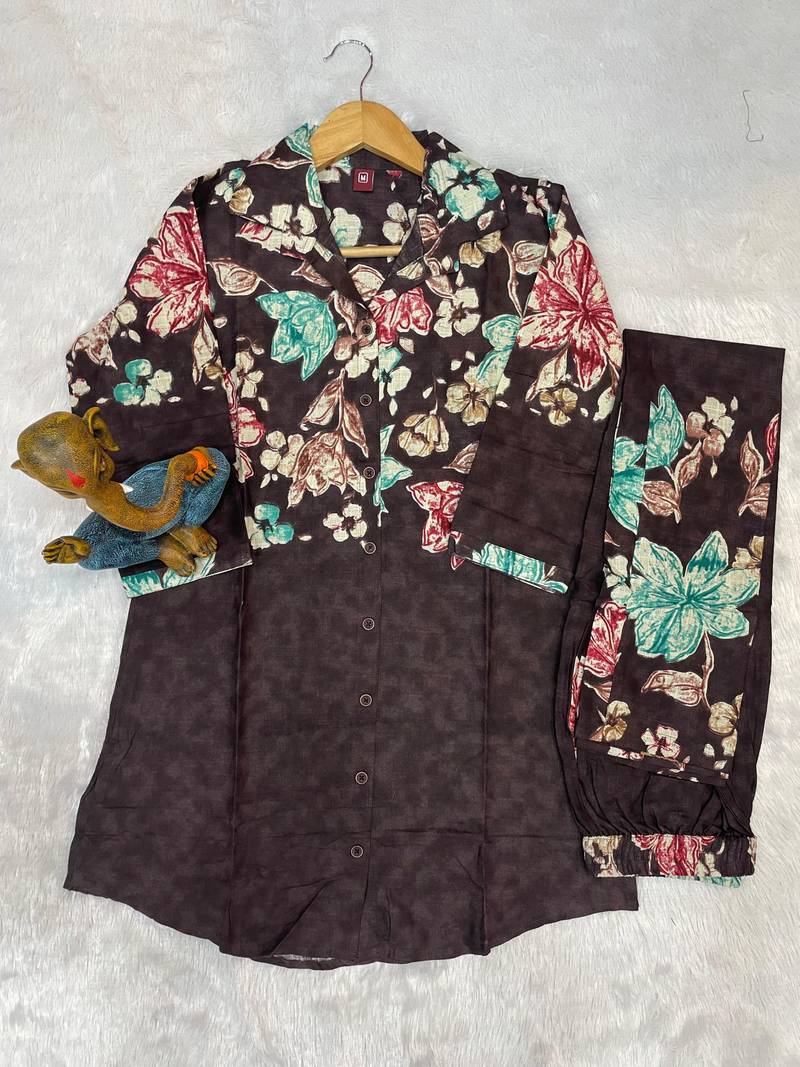 Coffee floral printed cotton classic co ord set