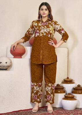 Mustard floral printed cotton classic co ord set 1