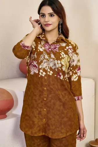 Mustard floral printed cotton classic co ord set