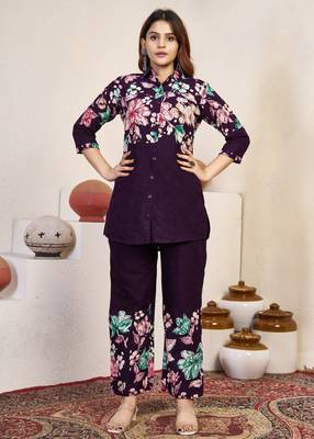 Wine floral printed cotton classic co ord set 1