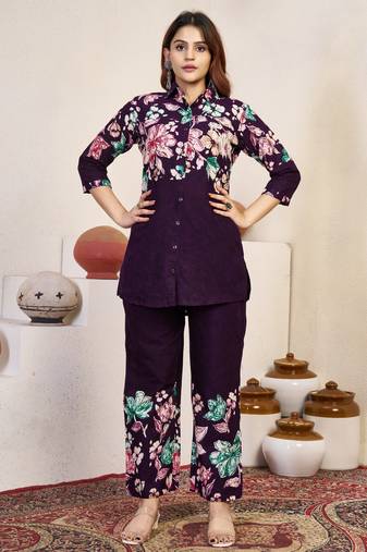Wine floral printed cotton classic co ord set