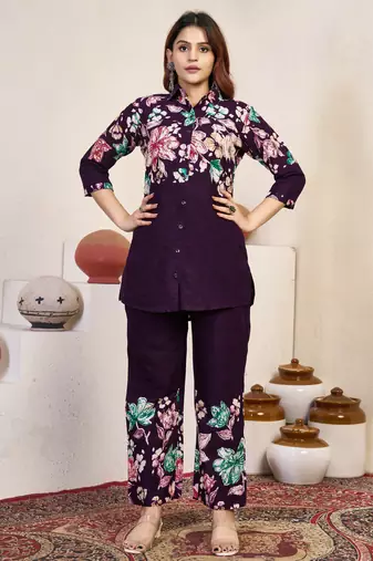 Wine floral printed cotton classic co ord set