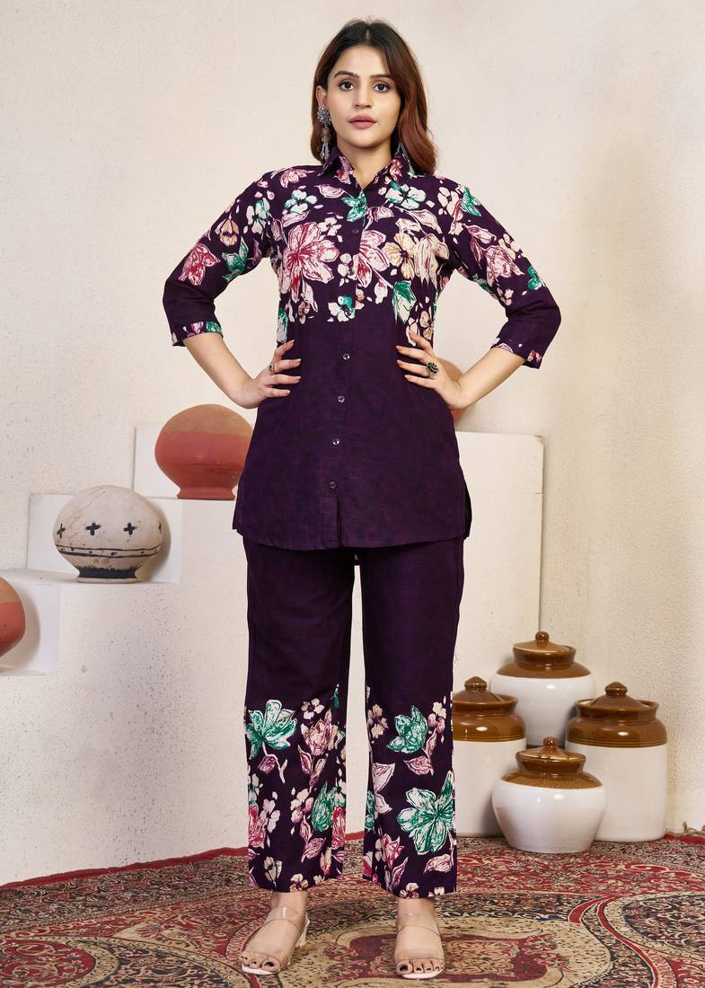 Wine floral printed cotton classic co ord set