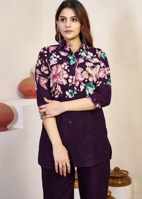 Wine floral printed cotton classic co ord set 2