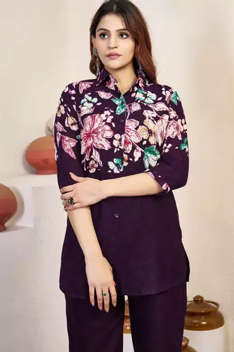 Wine floral printed cotton classic co ord set