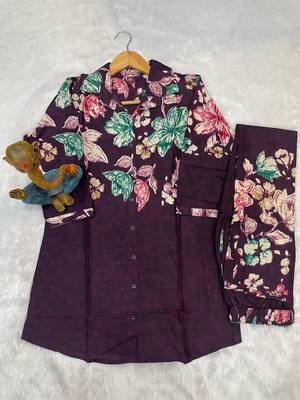 Wine floral printed cotton classic co ord set 3
