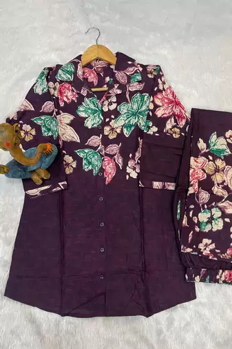 Wine floral printed cotton classic co ord set