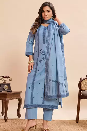 Graceful light blue pure cotton jacquard kurta set with dupatta