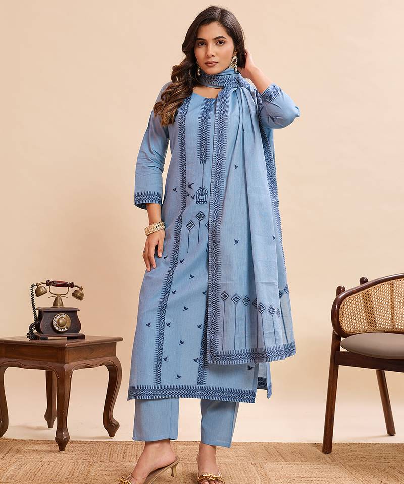 Graceful light blue pure cotton jacquard kurta set with dupatta
