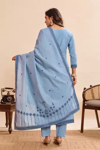 Graceful light blue pure cotton jacquard kurta set with dupatta