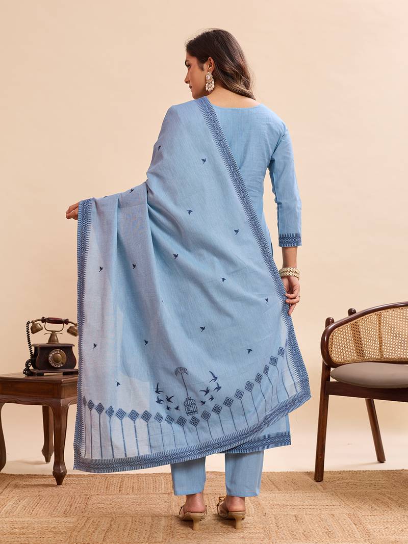 Graceful light blue pure cotton jacquard kurta set with dupatta