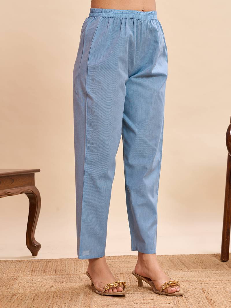 Graceful light blue pure cotton jacquard kurta set with dupatta