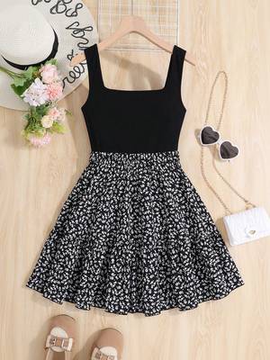 Black floral printed polyester fit & flare mini dress for women 1